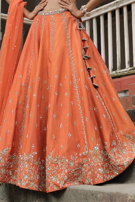 Shop_Enamour By Radha_Orange Net, Silk, Linen Pearls, Zari, Sequins, Zardozi Embroidered Lehenga Set _Online_at_Aza_Fashions