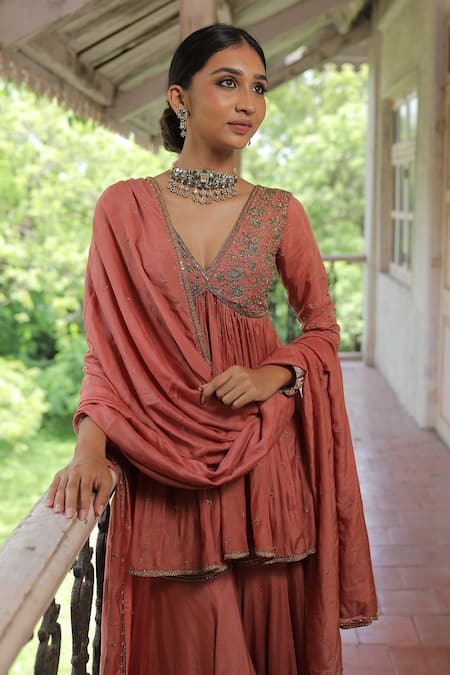 Enamour By Radha_Orange Muslin, Silk, Linen Sequins, Zari, Beads Embroidered Peplum Kurta Set _Online_at_Aza_Fashions