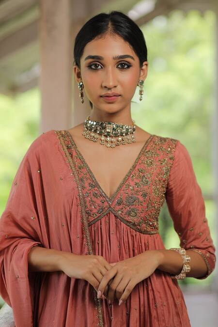 Buy_Enamour By Radha_Orange Muslin, Silk, Linen Sequins, Zari, Beads Embroidered Peplum Kurta Set _Online_at_Aza_Fashions