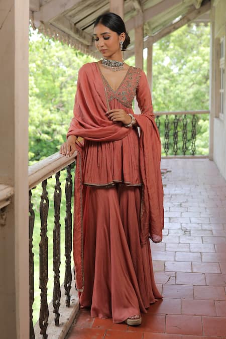 Shop_Enamour By Radha_Orange Muslin, Silk, Linen Sequins, Zari, Beads Embroidered Peplum Kurta Set _Online_at_Aza_Fashions