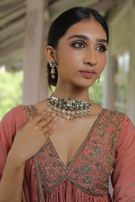 Enamour By Radha_Orange Muslin, Silk, Linen Sequins, Zari, Beads Embroidered Peplum Kurta Set _at_Aza_Fashions