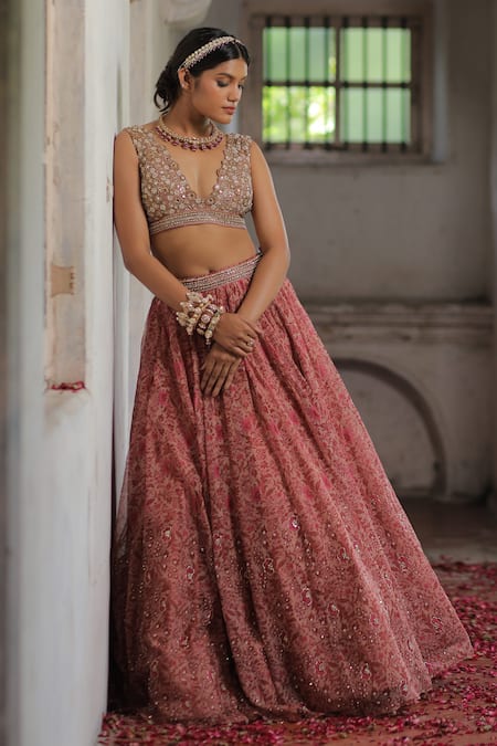 Enamour By Radha_Pink Organza, Net, Silk Pearls, Sequins, Beads, Floral Print Lehenga Set _Online_at_Aza_Fashions