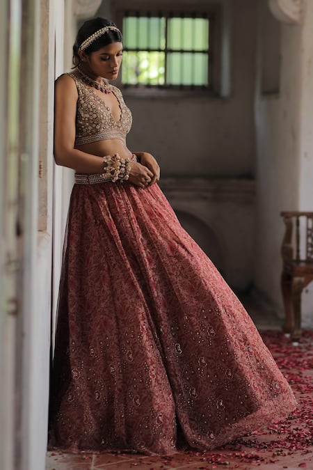 Buy_Enamour By Radha_Pink Organza, Net, Silk Pearls, Sequins, Beads, Floral Print Lehenga Set _Online_at_Aza_Fashions