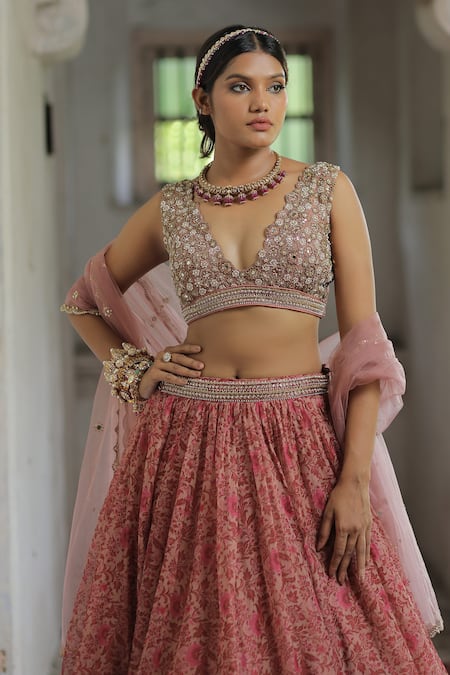 Enamour By Radha_Pink Organza, Net, Silk Pearls, Sequins, Beads, Floral Print Lehenga Set _at_Aza_Fashions