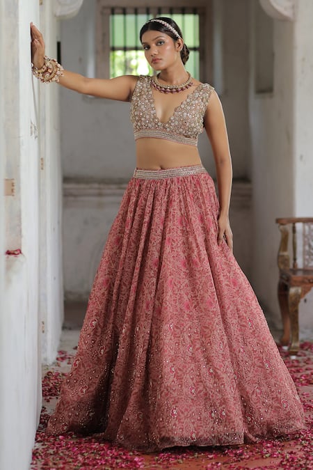 Shop_Enamour By Radha_Pink Organza, Net, Silk Pearls, Sequins, Beads, Floral Print Lehenga Set _at_Aza_Fashions