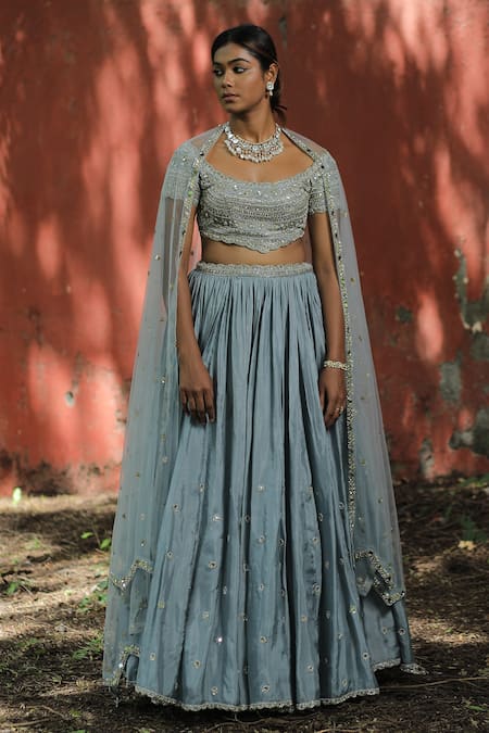 Enamour By Radha_Blue Net, Silk Pearls, Sequins, Beads Zardozi Embroidered Powder Lehenga Set _Online_at_Aza_Fashions