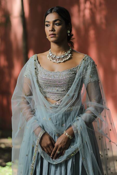 Buy_Enamour By Radha_Blue Net, Silk Pearls, Sequins, Beads Zardozi Embroidered Powder Lehenga Set _Online_at_Aza_Fashions