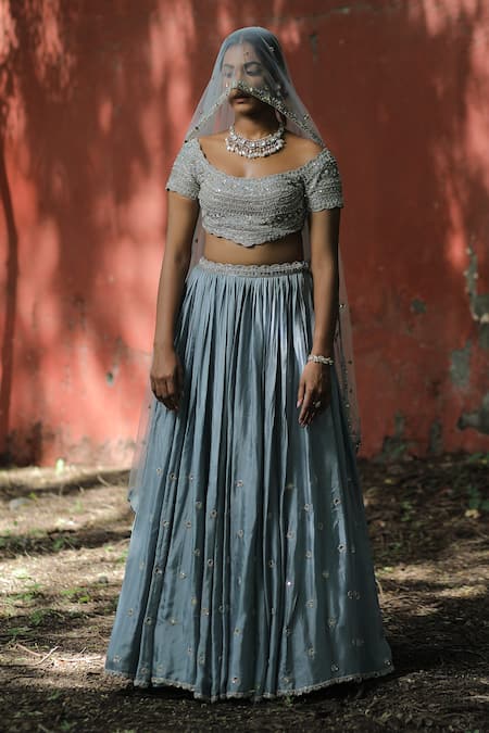 Shop_Enamour By Radha_Blue Net, Silk Pearls, Sequins, Beads Zardozi Embroidered Powder Lehenga Set _Online_at_Aza_Fashions