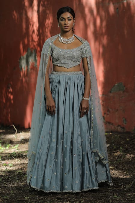 Enamour By Radha_Blue Net, Silk Pearls, Sequins, Beads Zardozi Embroidered Powder Lehenga Set _at_Aza_Fashions