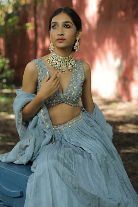 Enamour By Radha Blue Pearl Embroidered Lehenga Set 