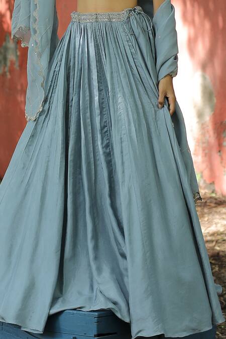 Enamour By Radha_Blue Viscose, Silk, Organza, Linen Pearls, Sequins, Embroidered Lehenga Set _Online_at_Aza_Fashions