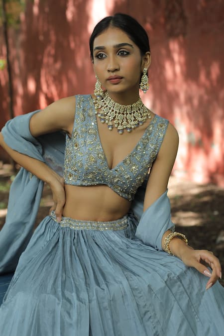 Buy_Enamour By Radha_Blue Viscose, Silk, Organza, Linen Pearls, Sequins, Embroidered Lehenga Set _Online_at_Aza_Fashions