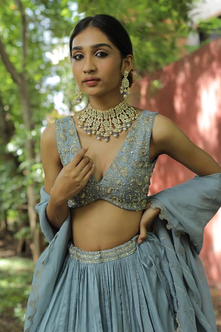 Shop_Enamour By Radha_Blue Viscose, Silk, Organza, Linen Pearls, Sequins, Embroidered Lehenga Set _Online_at_Aza_Fashions