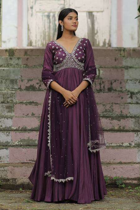 Buy_Enamour By Radha_Purple Net, Silk Sequins, Zari, Beads V-neck Zardozi Embroidered Anarkali Set _Online_at_Aza_Fashions