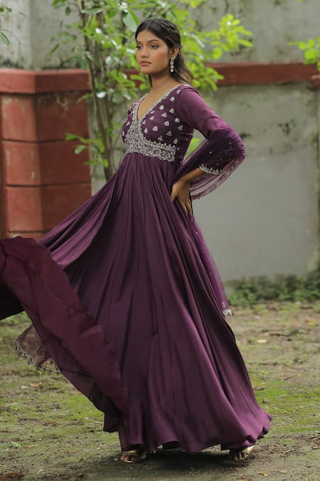 Shop_Enamour By Radha_Purple Net, Silk Sequins, Zari, Beads V-neck Zardozi Embroidered Anarkali Set _Online_at_Aza_Fashions