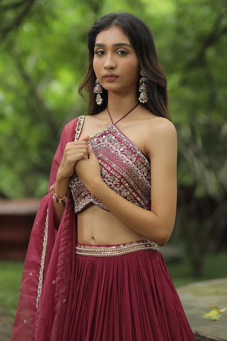 Enamour By Radha_Pink Organza, Silk Pearls, Sequins, Zardozi Placement Embroidered Lehenga Set _Online_at_Aza_Fashions