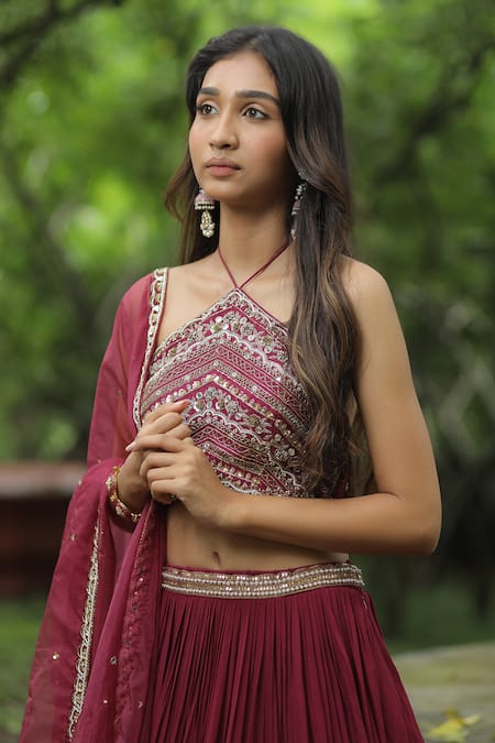 Buy_Enamour By Radha_Pink Organza, Silk Pearls, Sequins, Zardozi Placement Embroidered Lehenga Set _Online_at_Aza_Fashions
