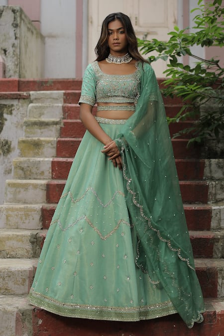 Enamour By Radha Sea Green Zari Embroidered Lehenga Set 