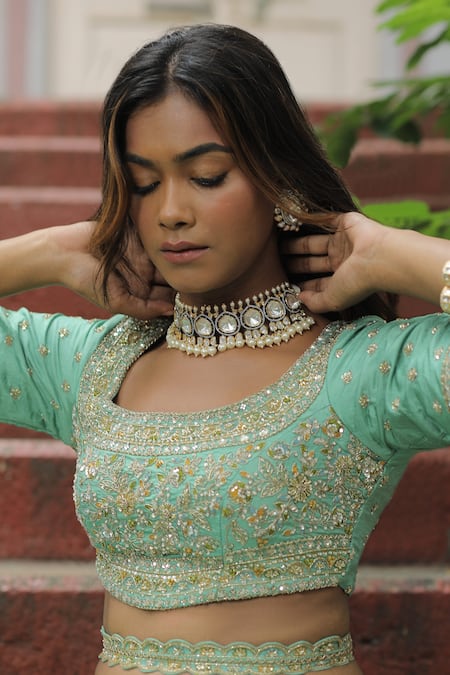 Enamour By Radha_Green Organza, Silk Pearls, Sequins, Glitter, Beads, Sea Zari Lehenga Set _Online_at_Aza_Fashions