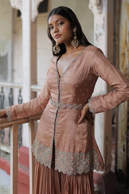 Buy_Enamour By Radha_Pink Silk, Cotton Sequins, Beads Bloom Vine Embroidered Kurta And Gharara Set _Online_at_Aza_Fashions