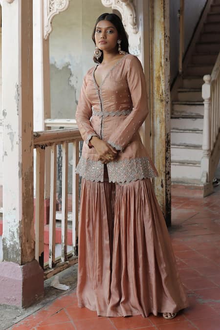 Shop_Enamour By Radha_Pink Silk, Cotton Sequins, Beads Bloom Vine Embroidered Kurta And Gharara Set _Online_at_Aza_Fashions