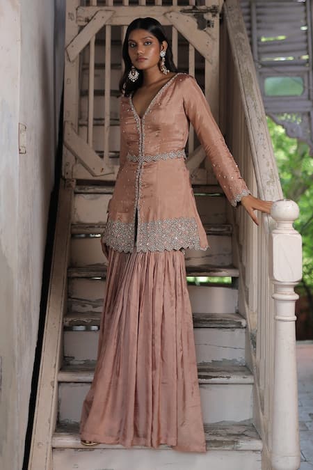 Enamour By Radha_Pink Silk, Cotton Sequins, Beads Bloom Vine Embroidered Kurta And Gharara Set _at_Aza_Fashions