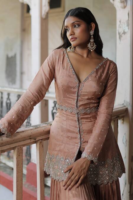 Buy_Enamour By Radha_Pink Silk, Cotton Sequins, Beads Bloom Vine Embroidered Kurta And Gharara Set 