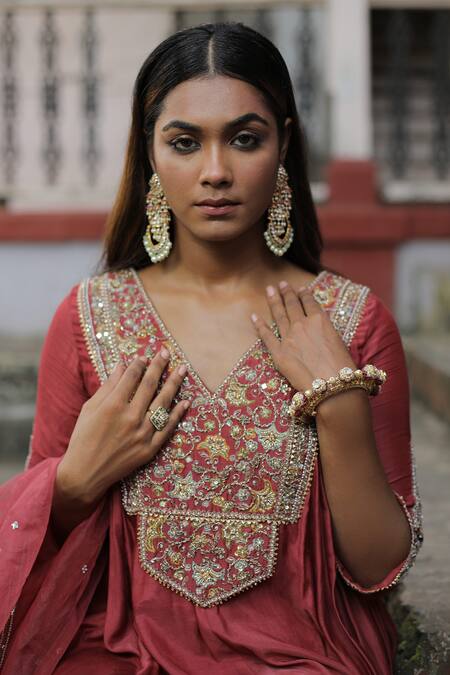 Buy_Enamour By Radha_Red Organza, Muslin Pearls, Sequins, Beads Blossom Embroidered Anarkali Set _Online_at_Aza_Fashions