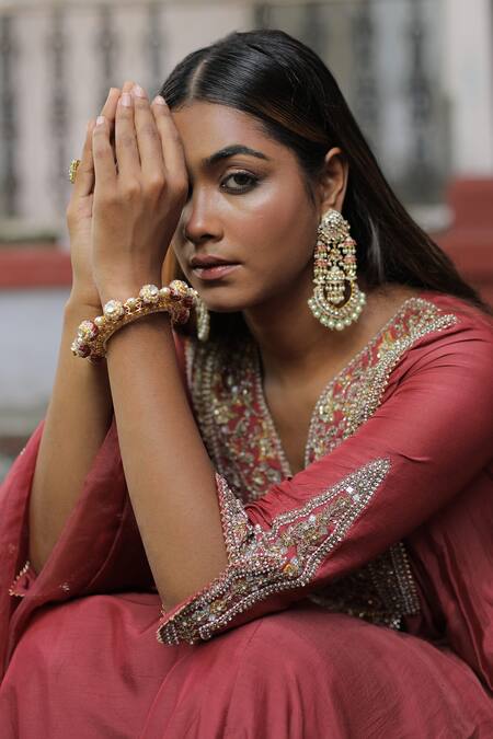 Shop_Enamour By Radha_Red Organza, Muslin Pearls, Sequins, Beads Blossom Embroidered Anarkali Set _Online_at_Aza_Fashions