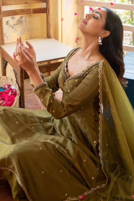 Enamour By Radha_Green Net, Silk, Linen Cut Work, Embroidery Cutdana And Moti Anarkali Set _Online_at_Aza_Fashions