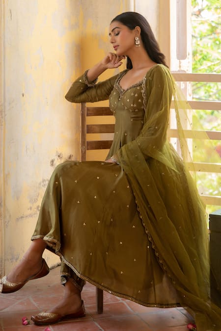 Buy_Enamour By Radha_Green Net, Silk, Linen Cut Work, Embroidery Cutdana And Moti Anarkali Set _Online_at_Aza_Fashions