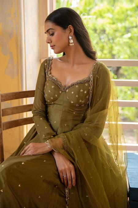 Shop_Enamour By Radha_Green Net, Silk, Linen Cut Work, Embroidery Cutdana And Moti Anarkali Set _Online_at_Aza_Fashions