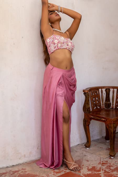 Enamour By Radha_Pink Silk Cut Work, Pearls, Sequins Bloom Embroidered Bustier And Draped Skirt _Online_at_Aza_Fashions