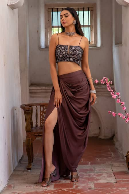 Enamour By Radha Sequin Blossom Embroidered Bustier & Draped Skirt 