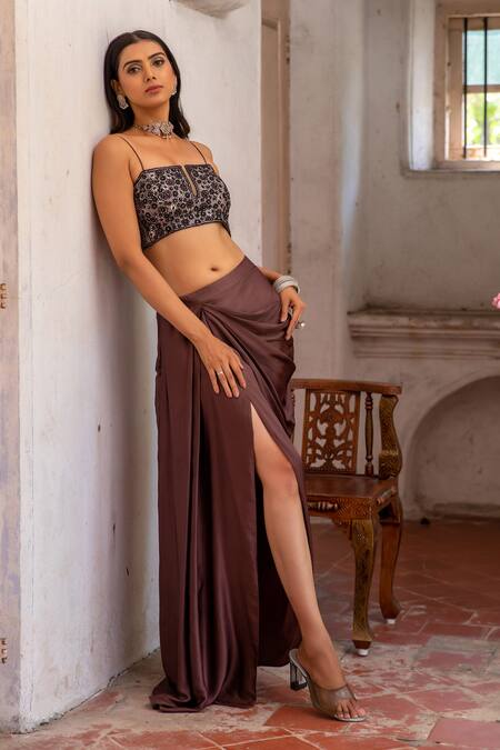 Enamour By Radha_Brown Bamboo, Brocade Sequins Square Blossom Embroidered Bustier And Draped Skirt _Online_at_Aza_Fashions
