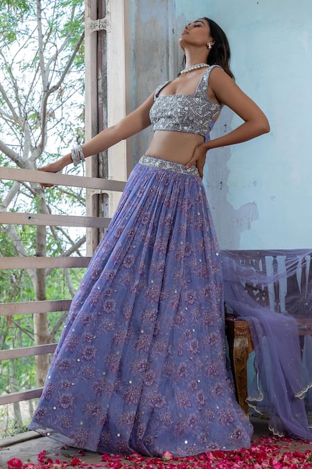 Enamour By Radha_Silver Organza, Linen, Net Sequins, Pearls, Floral Embroidered Lehenga Set _Online_at_Aza_Fashions