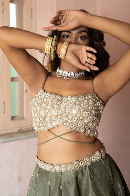 Enamour By Radha_Beige Organza, Silk, Cotton Sequins, Beads, Cut Work, Bloom Motif Lehenga Set _Online_at_Aza_Fashions