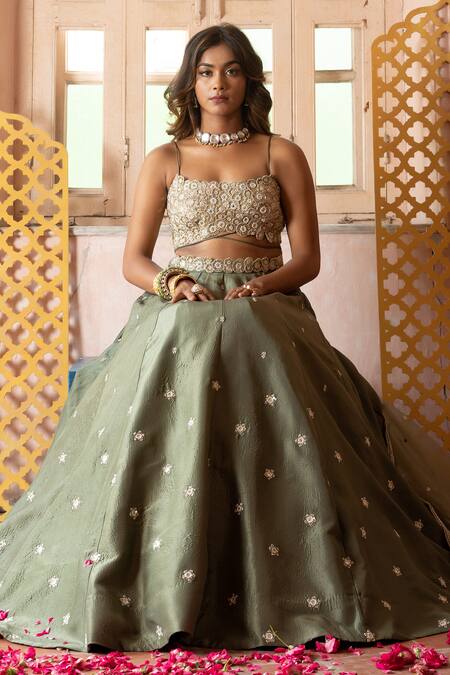 Shop_Enamour By Radha_Beige Organza, Silk, Cotton Sequins, Beads, Cut Work, Bloom Motif Lehenga Set _Online_at_Aza_Fashions