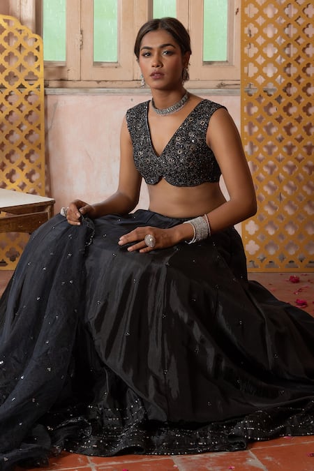 Shop_Enamour By Radha_Black Net, Silk Sequins, Cut Work V-neck Bloom Embroidered Lehenga Set _Online_at_Aza_Fashions