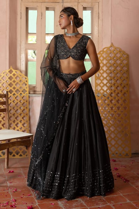 Enamour By Radha Black Sequin Bloom Embroidered Lehenga Set 