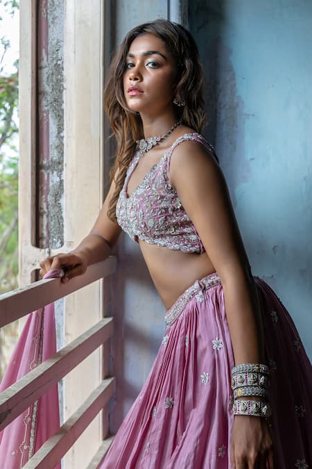 Buy Enamour By Radha Pink Chiffon, Silk Sequins, Pearls, Cut Work Cutdana Embroidered Lehenga Set Online at Aza Fashions Buy_Enamour By Radha_Pink Chiffon, Silk Sequins, Pearls, Cut Work Cutdana Embroidered Lehenga Set _Online_at_Aza_Fashions