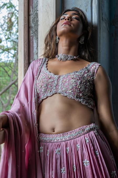Shop Enamour By Radha Pink Chiffon, Silk Sequins, Pearls, Cut Work Cutdana Embroidered Lehenga Set Online at Aza Fashions Shop_Enamour By Radha_Pink Chiffon, Silk Sequins, Pearls, Cut Work Cutdana Embroidered Lehenga Set _Online_at_Aza_Fashions