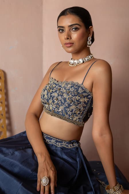 Enamour By Radha_Blue Organza, Silk Sequins, Cut Work Square Mughal Bloom Embroidered Lehenga Set _Online_at_Aza_Fashions