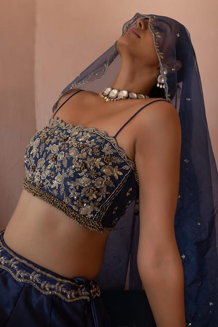 Buy_Enamour By Radha_Blue Organza, Silk Sequins, Cut Work Square Mughal Bloom Embroidered Lehenga Set _Online_at_Aza_Fashions