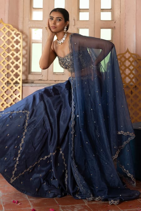 Shop_Enamour By Radha_Blue Organza, Silk Sequins, Cut Work Square Mughal Bloom Embroidered Lehenga Set _Online_at_Aza_Fashions