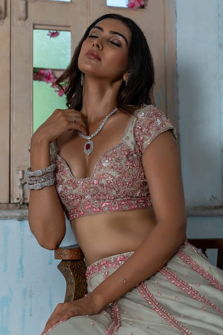 Buy_Enamour By Radha_Gray Organza, Silk Cut Work, Sequins, Vine Blossom Embroidered Lehenga Set _Online_at_Aza_Fashions
