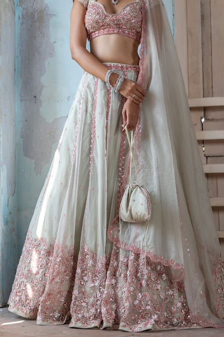 Shop_Enamour By Radha_Gray Organza, Silk Cut Work, Sequins, Vine Blossom Embroidered Lehenga Set _Online_at_Aza_Fashions