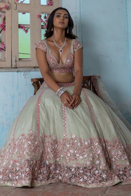 Enamour By Radha_Gray Organza, Silk Cut Work, Sequins, Vine Blossom Embroidered Lehenga Set _at_Aza_Fashions
