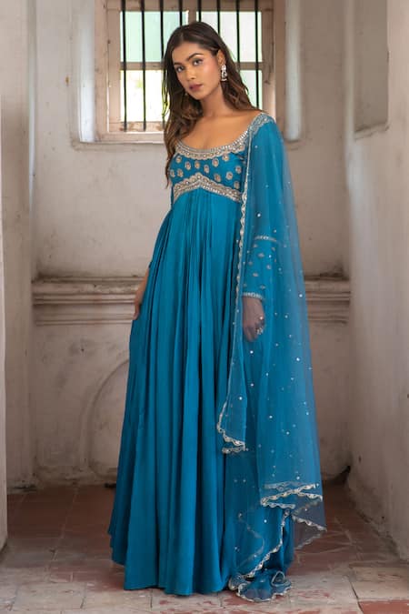 Enamour By Radha_Blue Net, Silk Cut Work, Pearls, Sequins Embroidered Anarkali Set With Dupatta _Online_at_Aza_Fashions