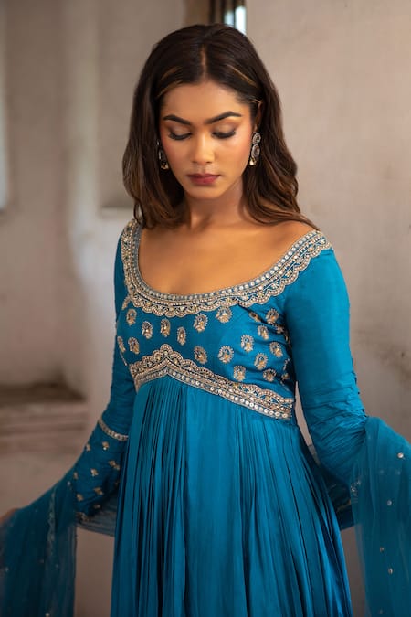 Buy_Enamour By Radha_Blue Net, Silk Cut Work, Pearls, Sequins Embroidered Anarkali Set With Dupatta _Online_at_Aza_Fashions
